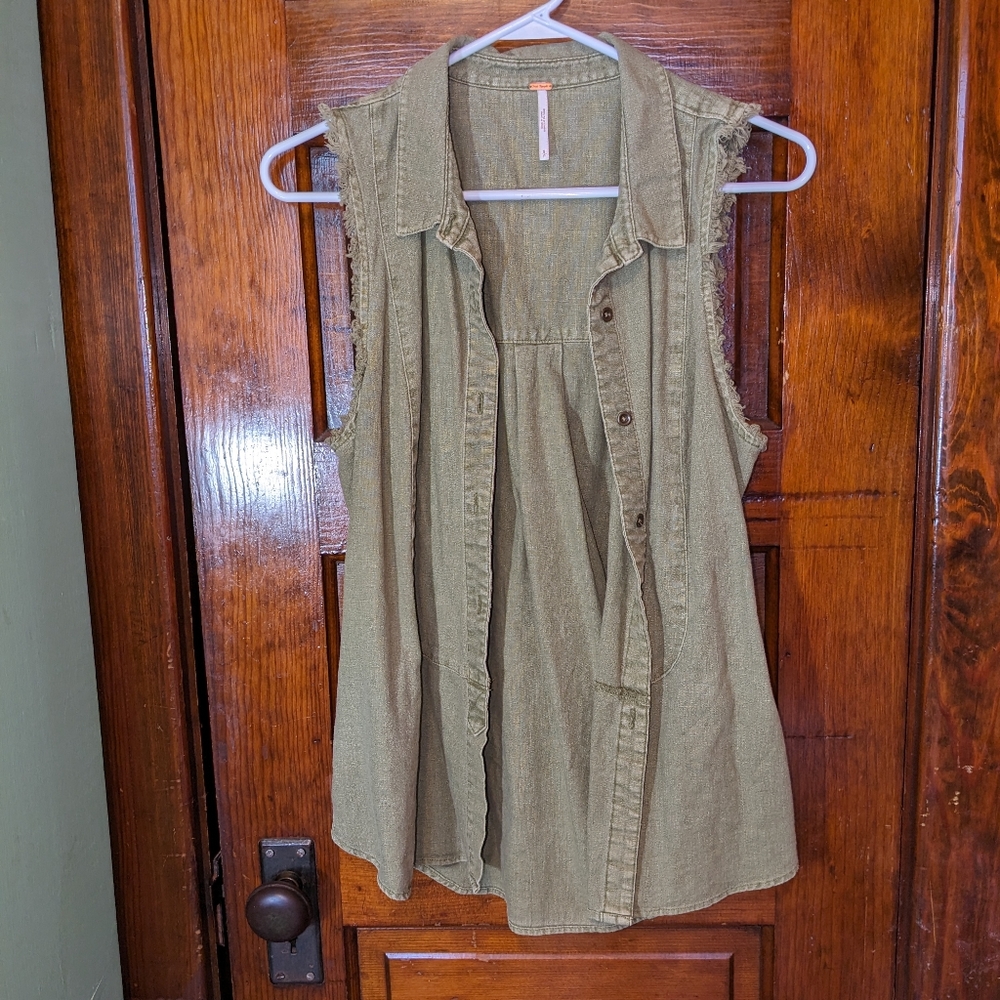 Free People S Collar Vest Muscle Tee Button Down Linen Small Boho Anthropologie